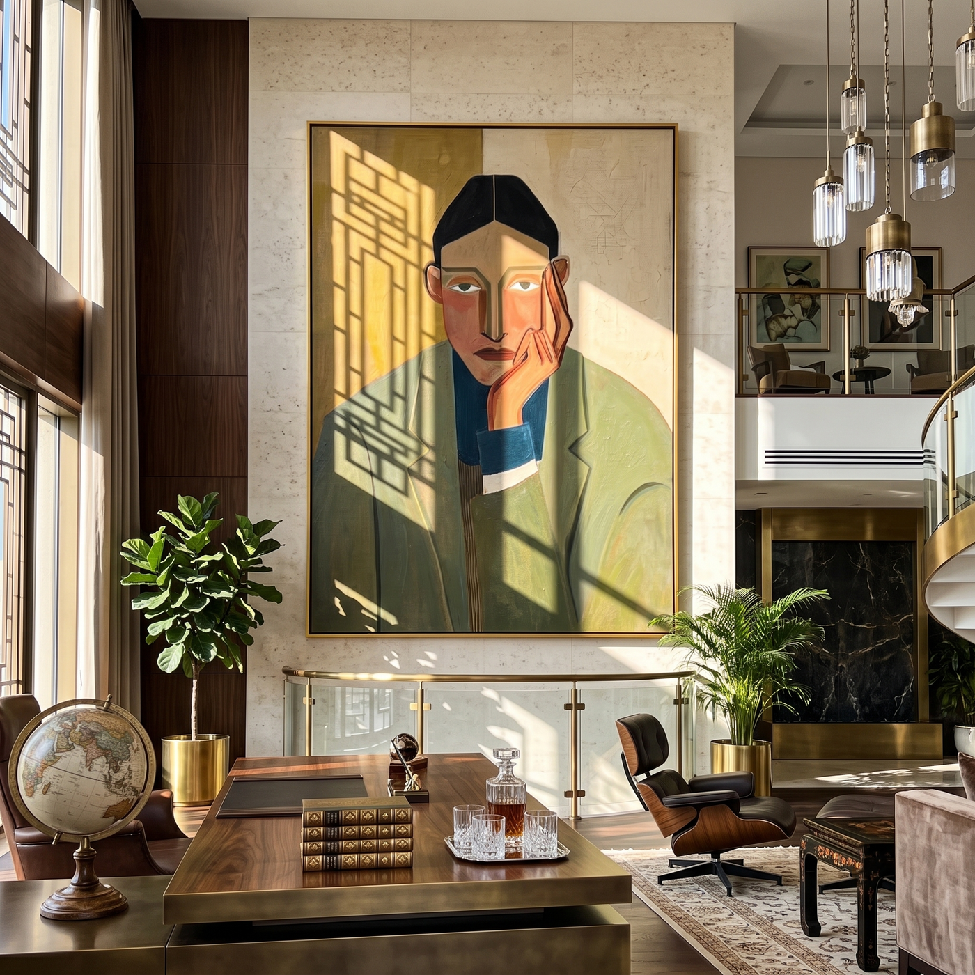 Olive Waits by Evening — Olive Blazer Portrait Painting | Retro Modern Vertical Wall Art – brown and gold retro modern fashion art, vertical hand-painted canvas art – view 3