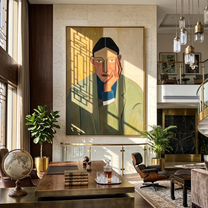 Olive Waits by Evening — Olive Blazer Portrait Painting | Retro Modern Vertical Wall Art – brown and gold retro modern fashion art, vertical hand-painted canvas art – view 3
