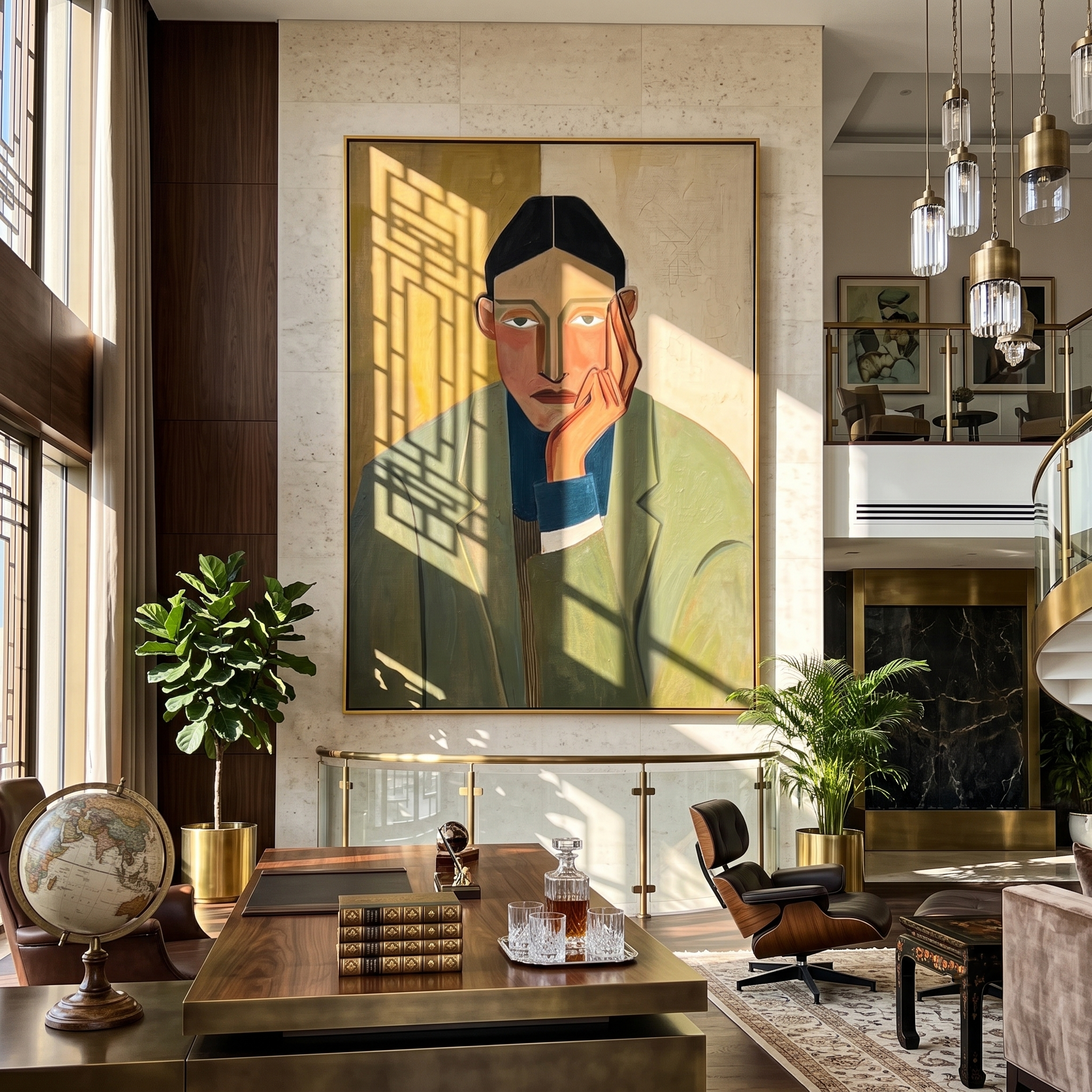 Olive Waits by Evening — Olive Blazer Portrait Painting | Retro Modern Vertical Wall Art – brown and gold retro modern fashion art, vertical hand-painted canvas art – view 3