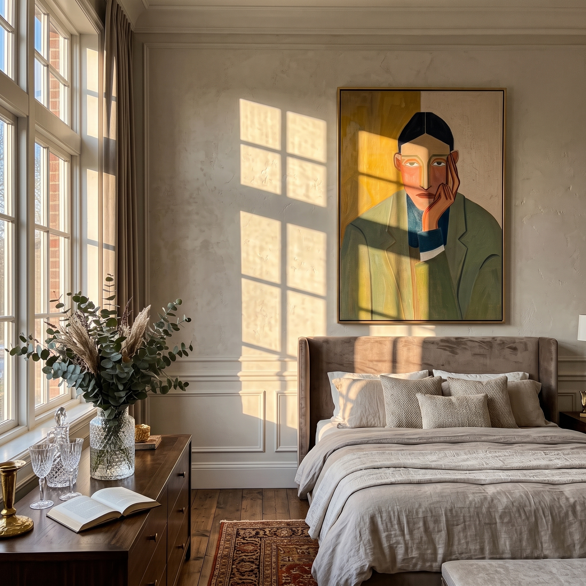 Olive Waits by Evening — Olive Blazer Portrait Painting | Retro Modern Vertical Wall Art – brown and gold retro modern fashion art, vertical hand-painted canvas art – view 5
