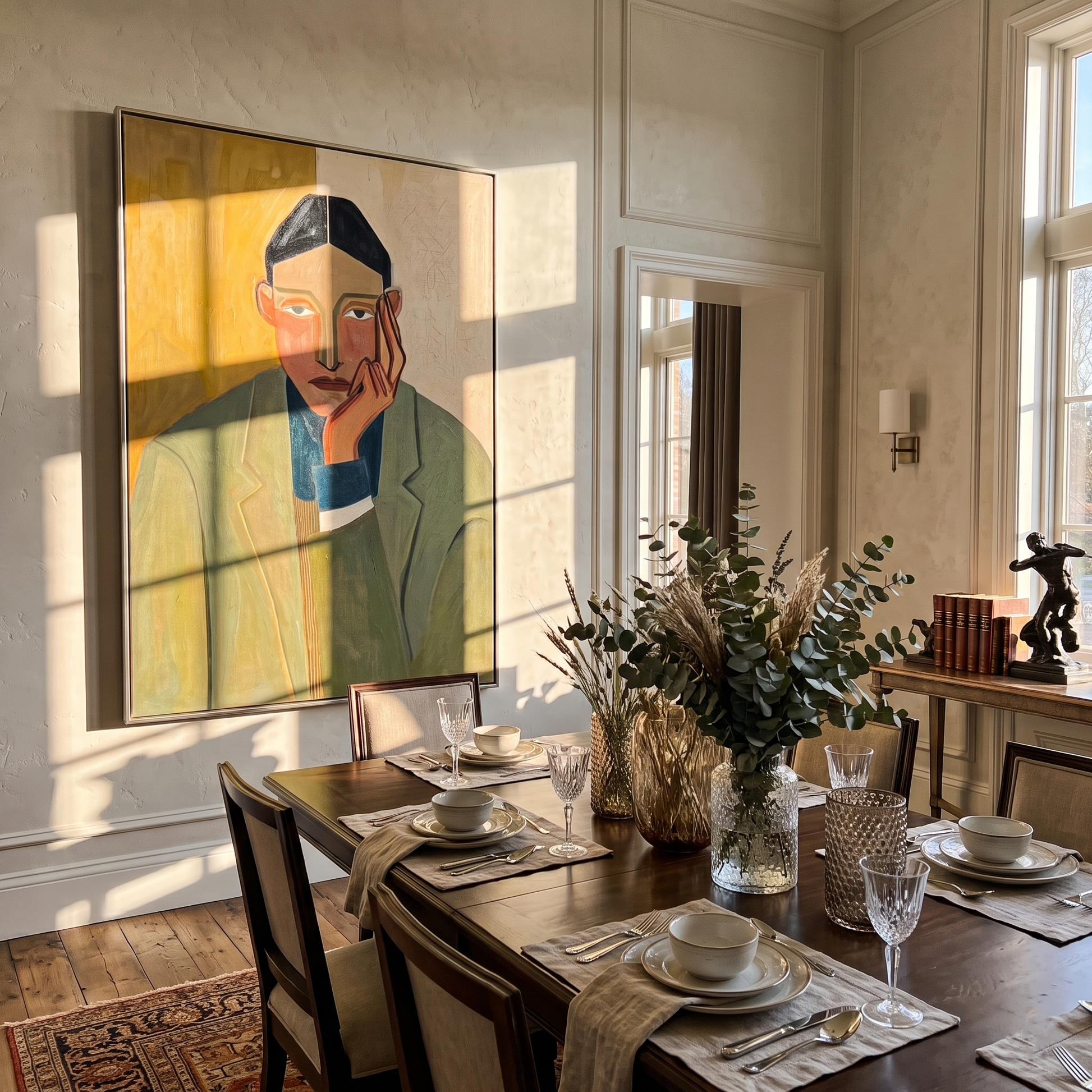 Olive Waits by Evening — Olive Blazer Portrait Painting | Retro Modern Vertical Wall Art – brown and gold retro modern fashion art, vertical hand-painted canvas art – view 6