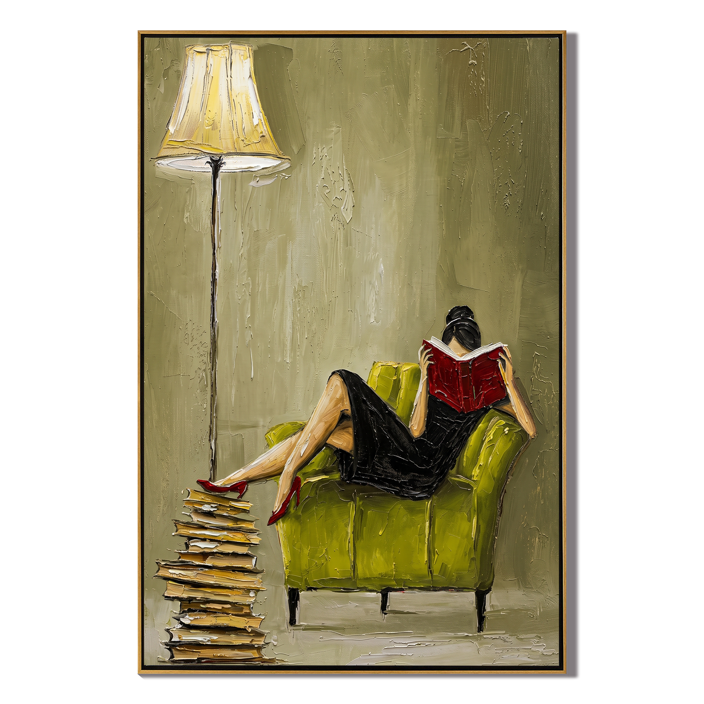 Books Beneath the Lamplight — Reading Chair Interior Painting | Retro Modern Vertical Wall Art – brown and gold retro modern fashion art, vertical hand-painted canvas art – view 1