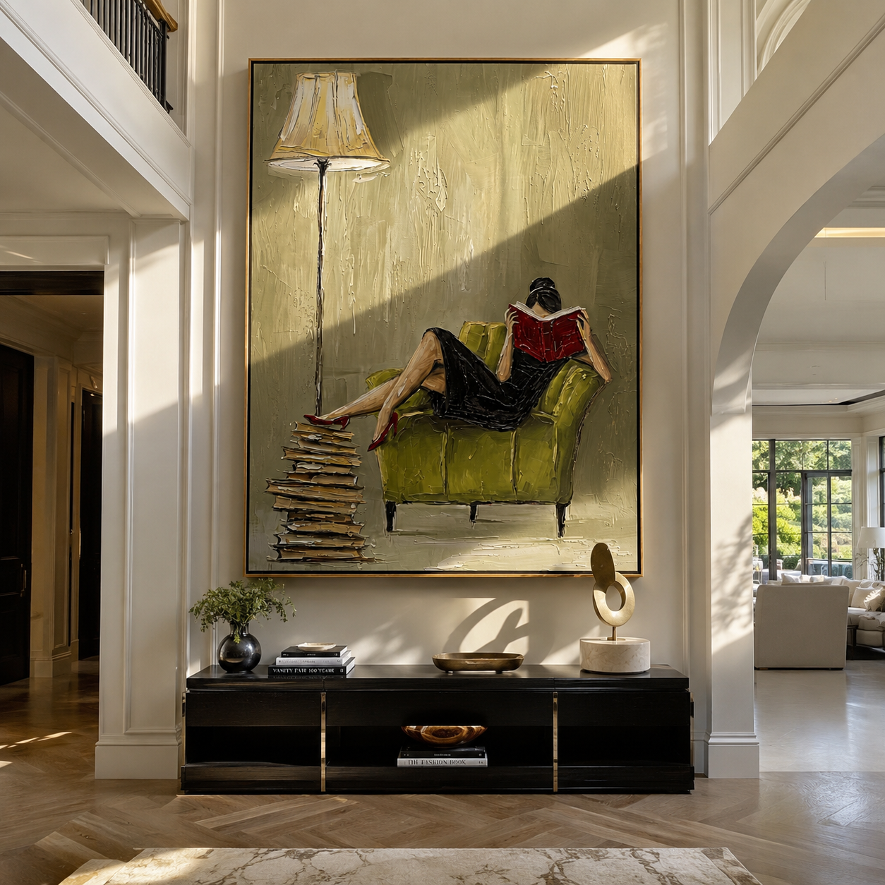 Books Beneath the Lamplight — Reading Chair Interior Painting | Retro Modern Vertical Wall Art – brown and gold retro modern fashion art, vertical hand-painted canvas art – view 3