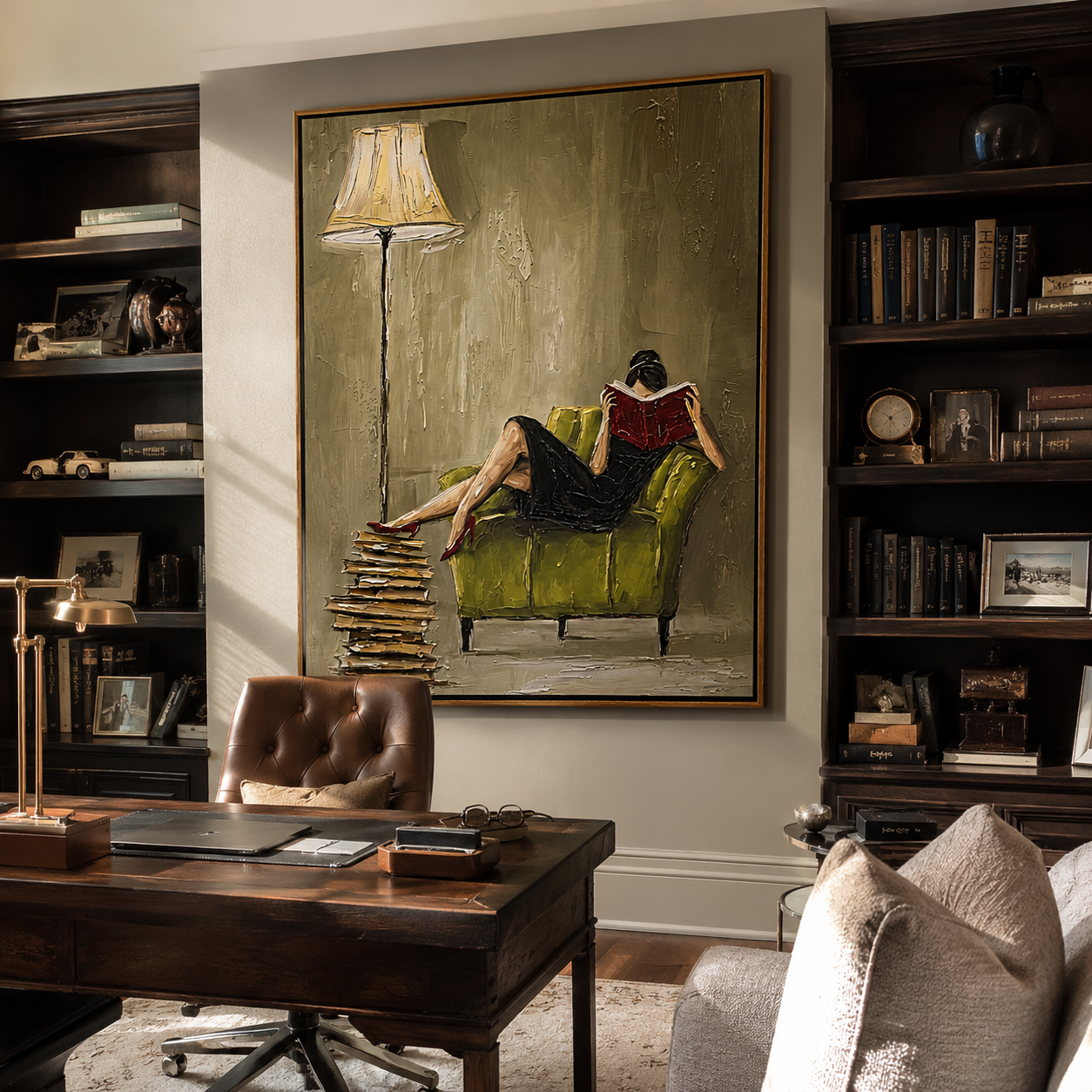 Books Beneath the Lamplight — Reading Chair Interior Painting | Retro Modern Vertical Wall Art – brown and gold retro modern fashion art, vertical hand-painted canvas art – view 4