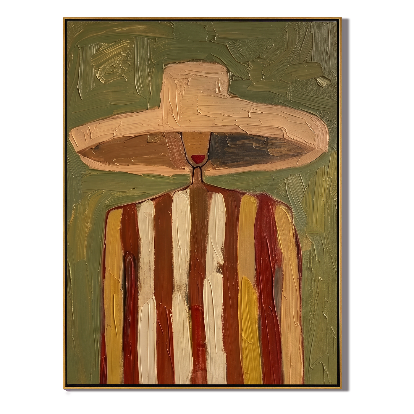 The Hat Outgrows Noon — Striped Wide-Hat Figure Painting | Retro Modern Vertical Wall Art – brown and gold retro modern fashion art, vertical hand-painted canvas art – view 1