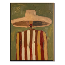 The Hat Outgrows Noon — Striped Wide-Hat Figure Painting | Retro Modern Vertical Wall Art – brown and gold retro modern fashion art, vertical hand-painted canvas art – view 1