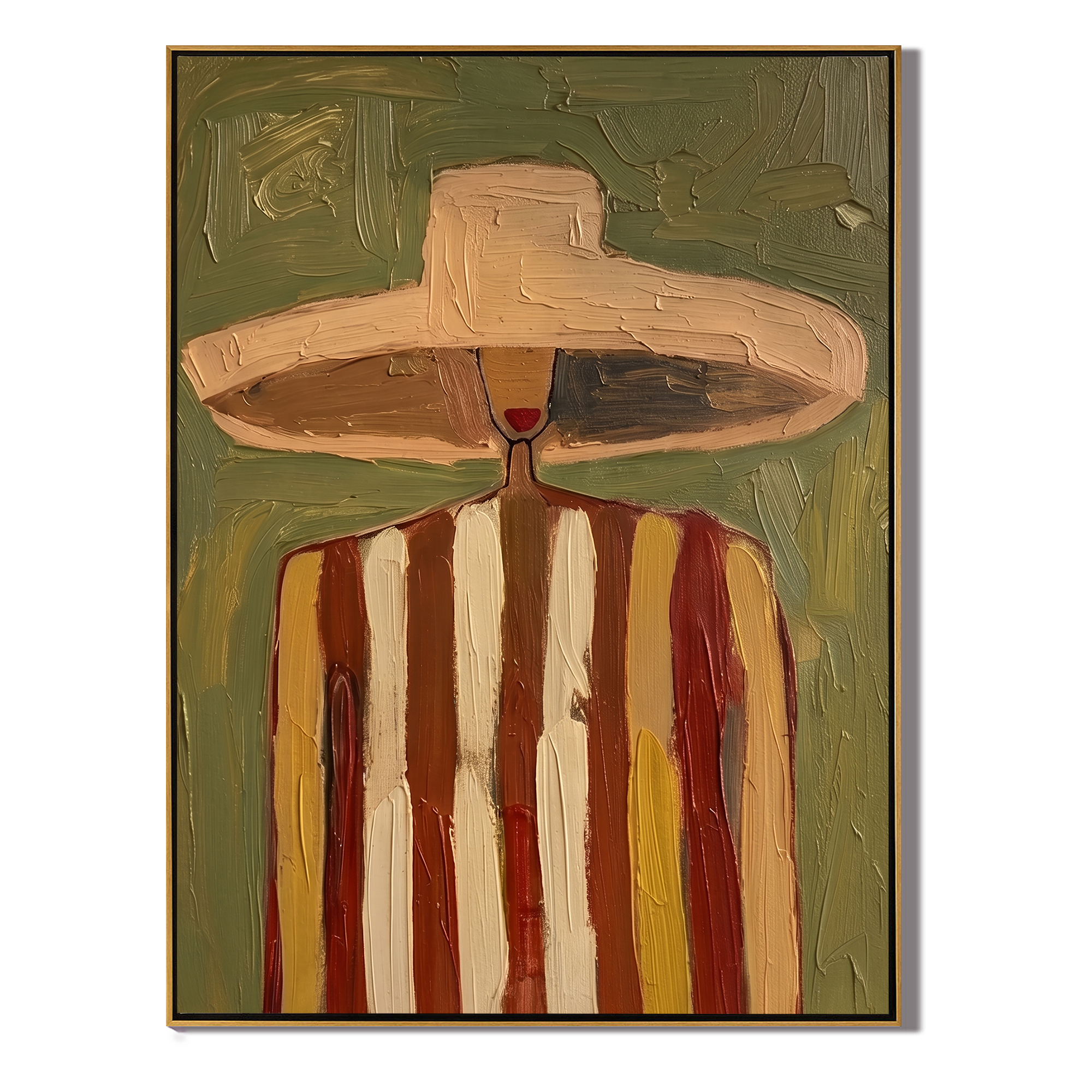 The Hat Outgrows Noon — Striped Wide-Hat Figure Painting | Retro Modern Vertical Wall Art – brown and gold retro modern fashion art, vertical hand-painted canvas art – view 1
