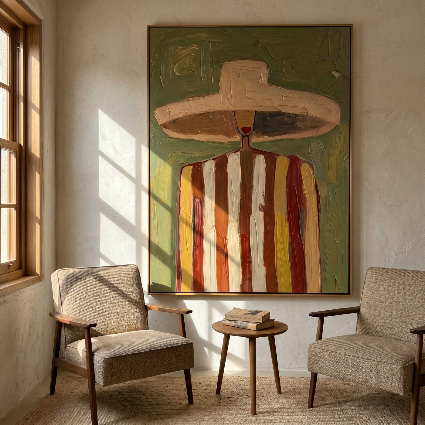 The Hat Outgrows Noon — Striped Wide-Hat Figure Painting | Retro Modern Vertical Wall Art – brown and gold retro modern fashion art, vertical hand-painted canvas art – view 2