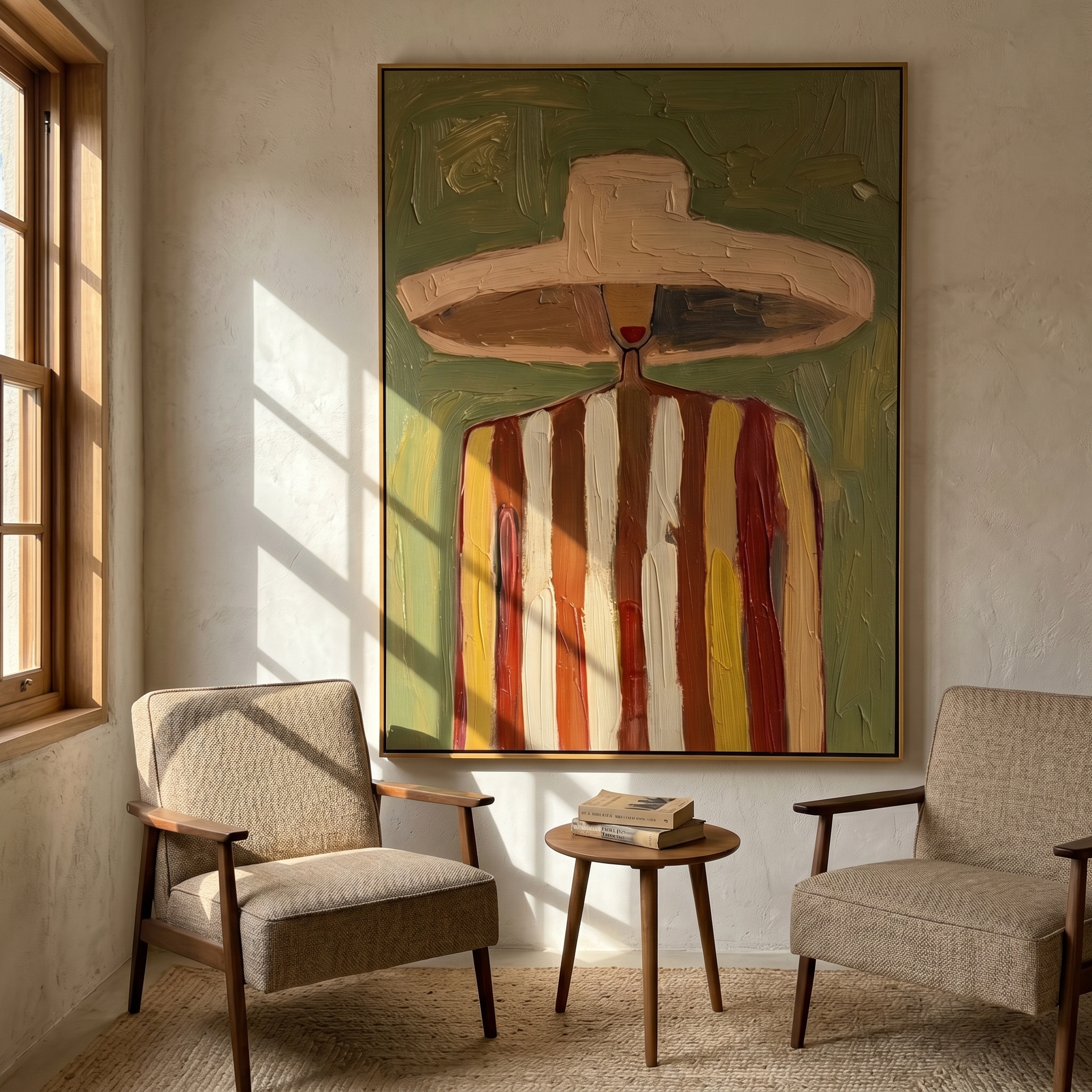 The Hat Outgrows Noon — Striped Wide-Hat Figure Painting | Retro Modern Vertical Wall Art – brown and gold retro modern fashion art, vertical hand-painted canvas art – view 2