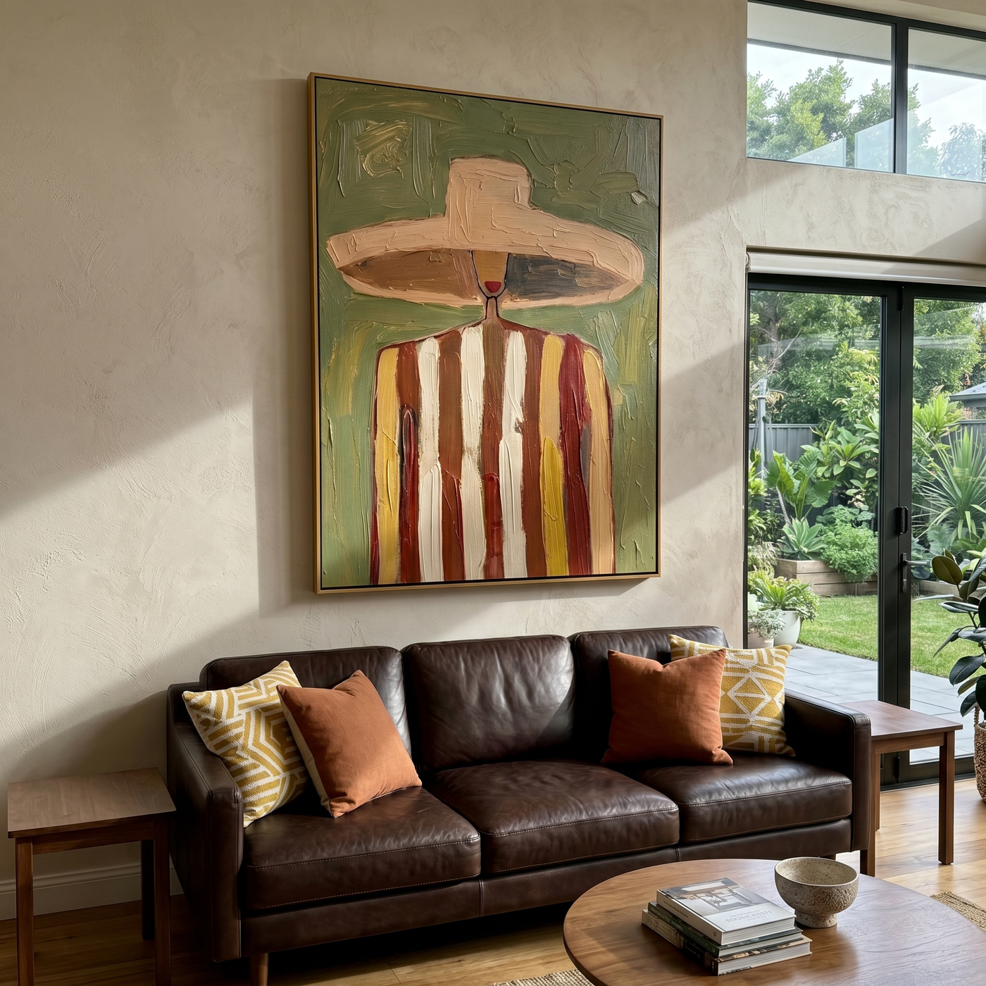 The Hat Outgrows Noon — Striped Wide-Hat Figure Painting | Retro Modern Vertical Wall Art – brown and gold retro modern fashion art, vertical hand-painted canvas art – view 3