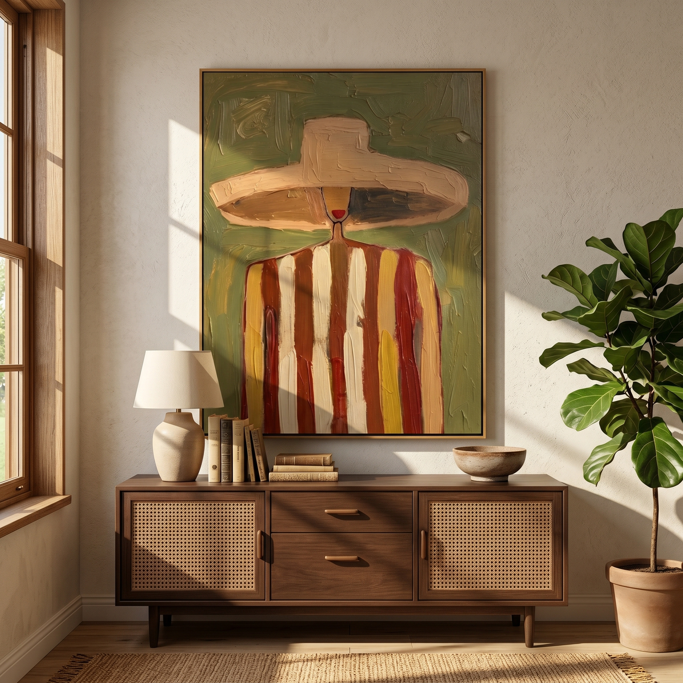The Hat Outgrows Noon — Striped Wide-Hat Figure Painting | Retro Modern Vertical Wall Art – brown and gold retro modern fashion art, vertical hand-painted canvas art – view 4
