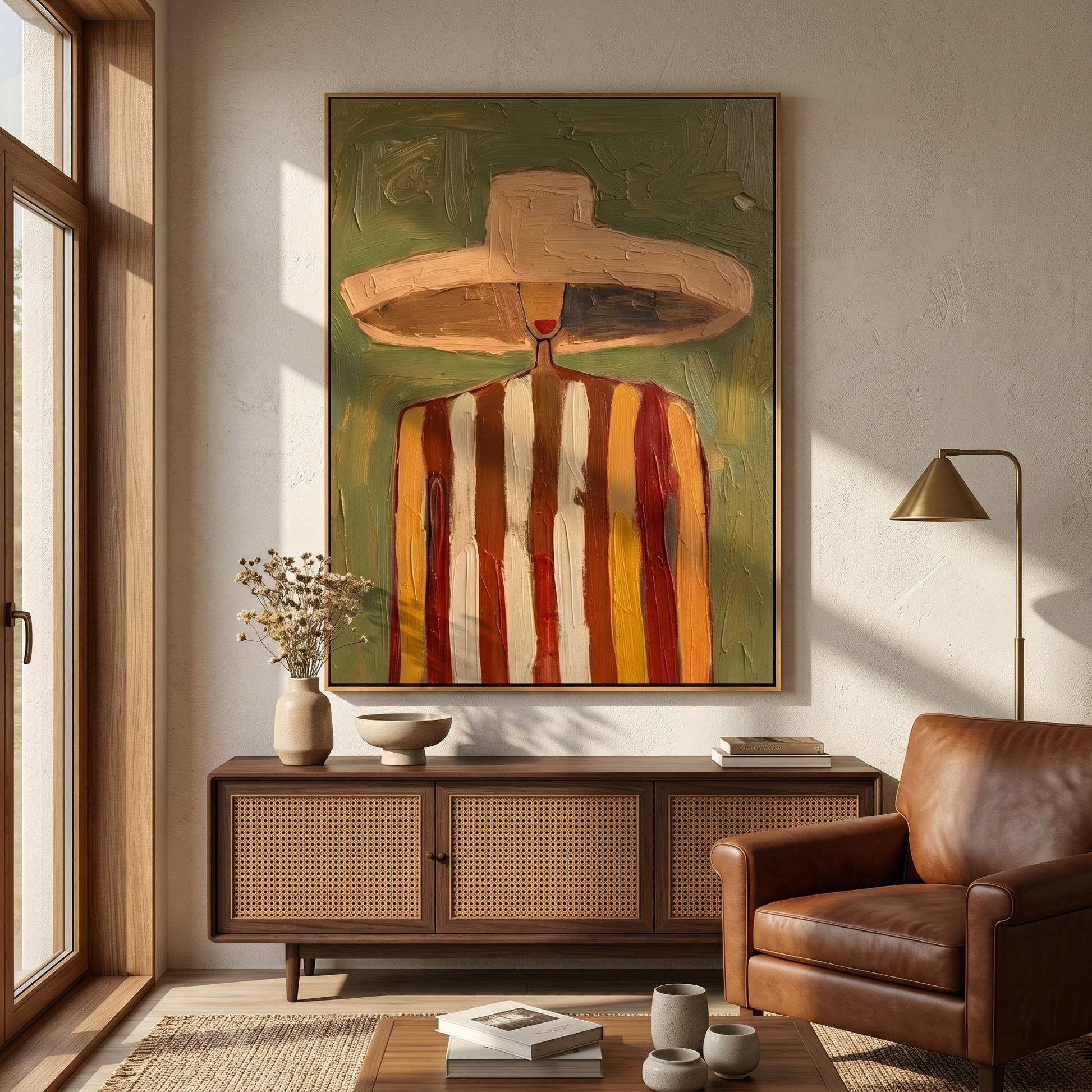 The Hat Outgrows Noon — Striped Wide-Hat Figure Painting | Retro Modern Vertical Wall Art – brown and gold retro modern fashion art, vertical hand-painted canvas art – view 5
