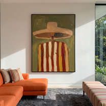 The Hat Outgrows Noon — Striped Wide-Hat Figure Painting | Retro Modern Vertical Wall Art – brown and gold retro modern fashion art, vertical hand-painted canvas art – view 6