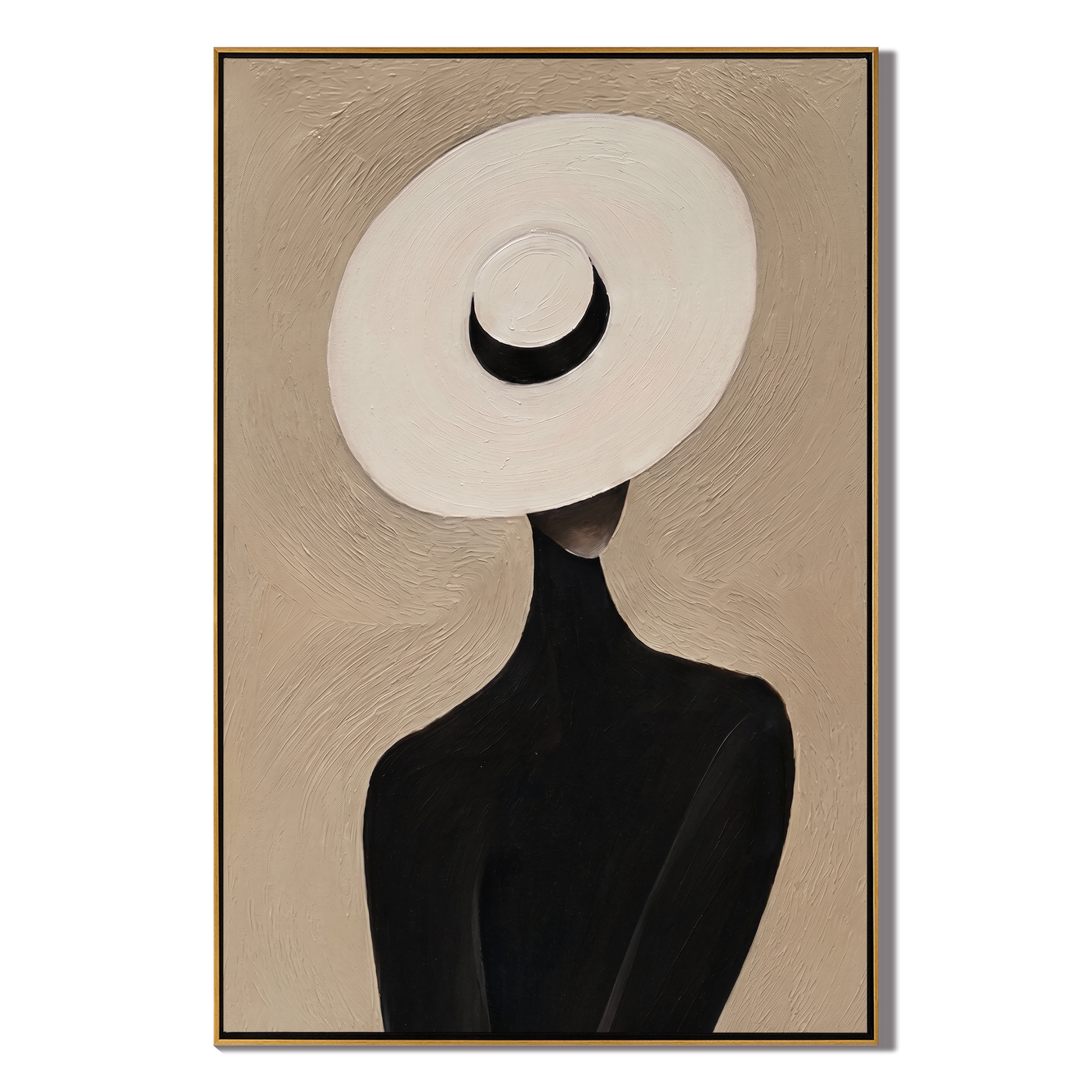 White Halo Black Crescent — White Halo Hat Figure Painting | Retro Modern Vertical Wall Art – brown and black retro modern fashion art, vertical hand-painted canvas art – view 1