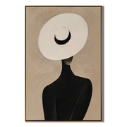 White Halo Black Crescent — White Halo Hat Figure Painting | Retro Modern Vertical Wall Art – brown and black retro modern fashion art, vertical hand-painted canvas art – view 1