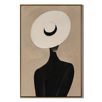 White Halo Black Crescent — White Halo Hat Figure Painting | Retro Modern Vertical Wall Art – brown and black retro modern fashion art, vertical hand-painted canvas art – view 1