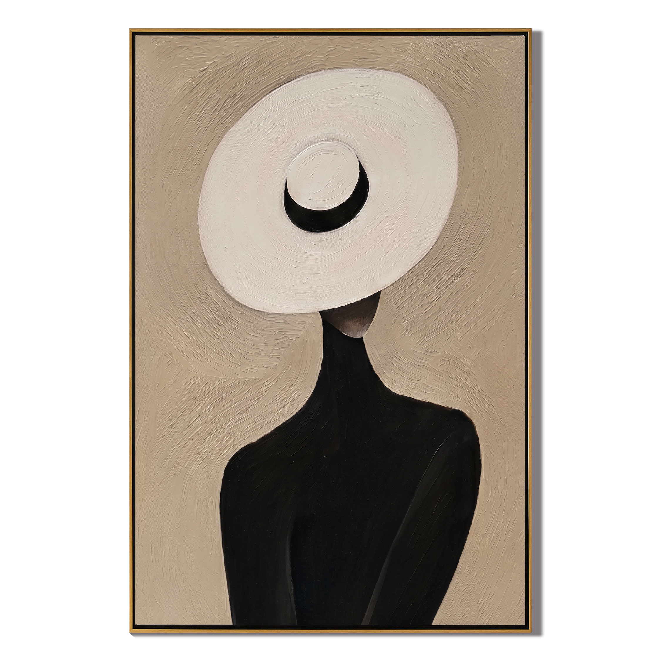 White Halo Black Crescent — White Halo Hat Figure Painting | Retro Modern Vertical Wall Art – brown and black retro modern fashion art, vertical hand-painted canvas art – view 1