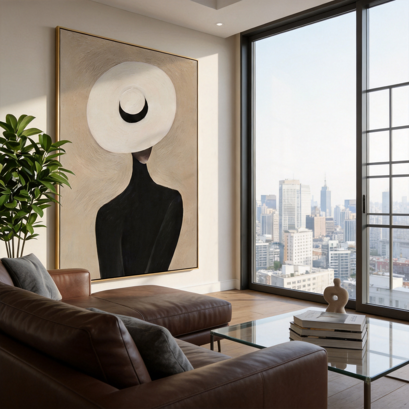 White Halo Black Crescent — White Halo Hat Figure Painting | Retro Modern Vertical Wall Art – brown and black retro modern fashion art, vertical hand-painted canvas art – view 2