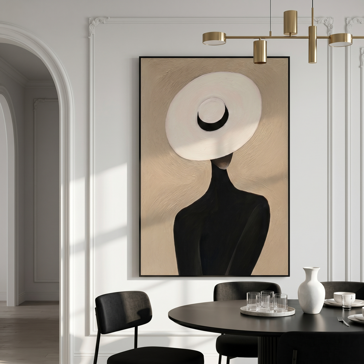 White Halo Black Crescent — White Halo Hat Figure Painting | Retro Modern Vertical Wall Art – brown and black retro modern fashion art, vertical hand-painted canvas art – view 3