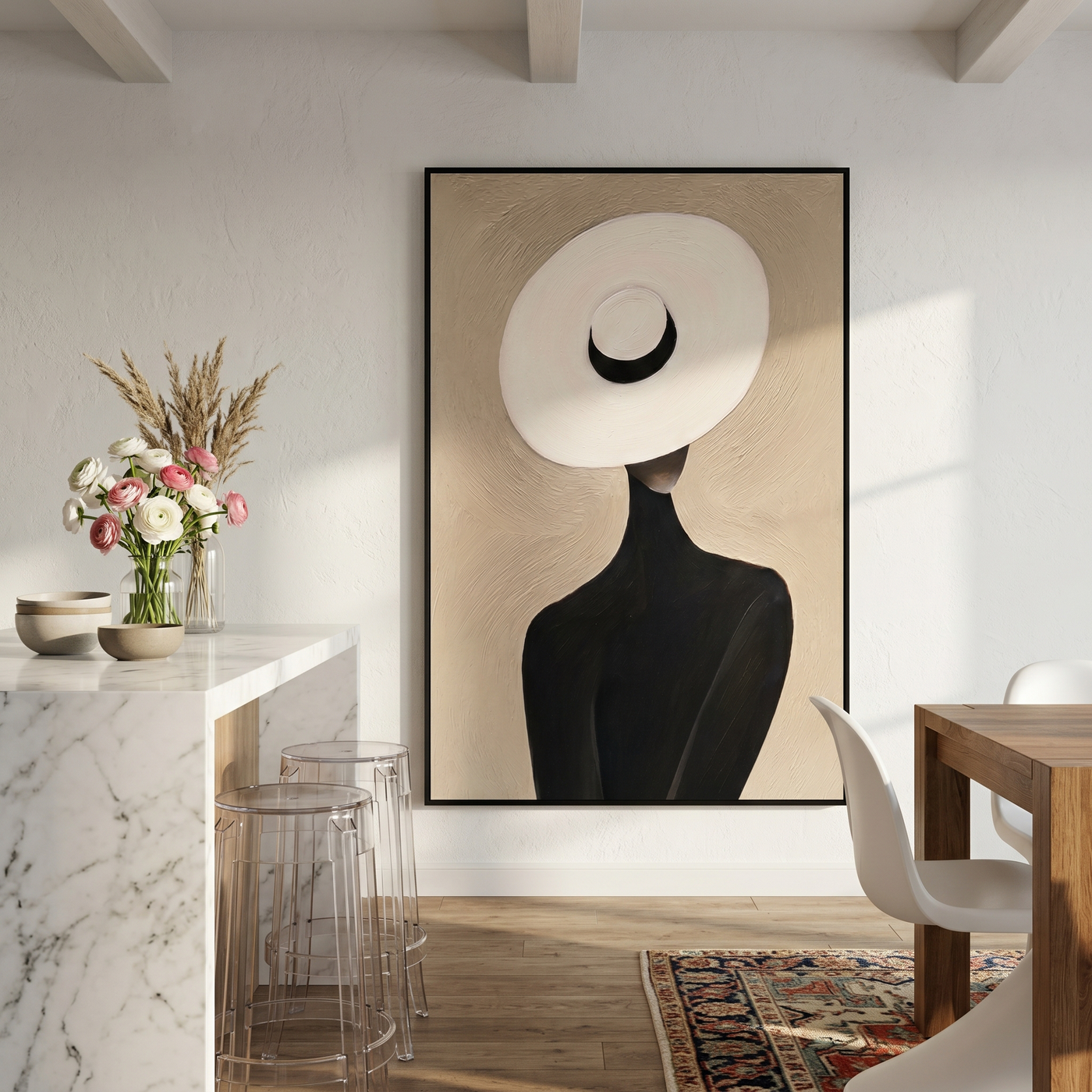 White Halo Black Crescent — White Halo Hat Figure Painting | Retro Modern Vertical Wall Art – brown and black retro modern fashion art, vertical hand-painted canvas art – view 4