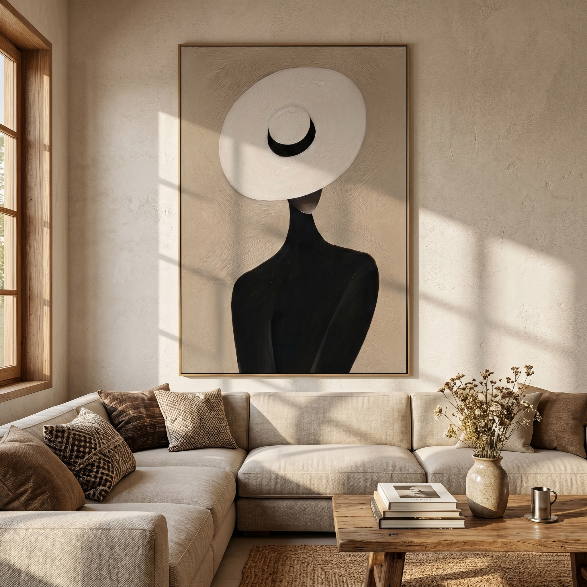 White Halo Black Crescent — White Halo Hat Figure Painting | Retro Modern Vertical Wall Art – brown and black retro modern fashion art, vertical hand-painted canvas art – view 5