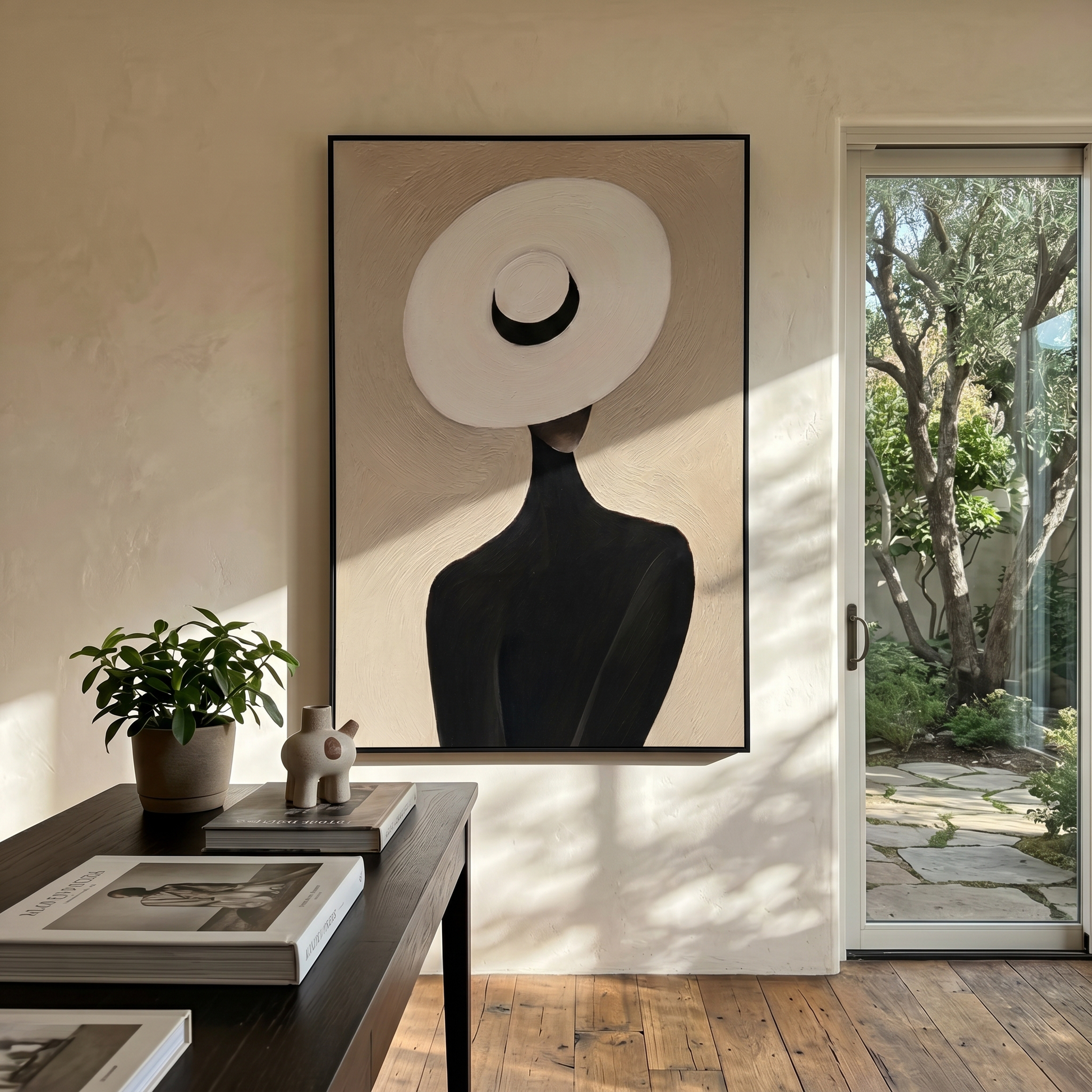 White Halo Black Crescent — White Halo Hat Figure Painting | Retro Modern Vertical Wall Art – brown and black retro modern fashion art, vertical hand-painted canvas art – view 6