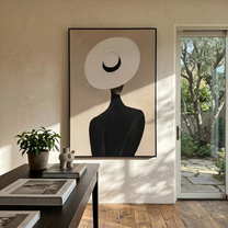 White Halo Black Crescent — White Halo Hat Figure Painting | Retro Modern Vertical Wall Art – brown and black retro modern fashion art, vertical hand-painted canvas art – view 6