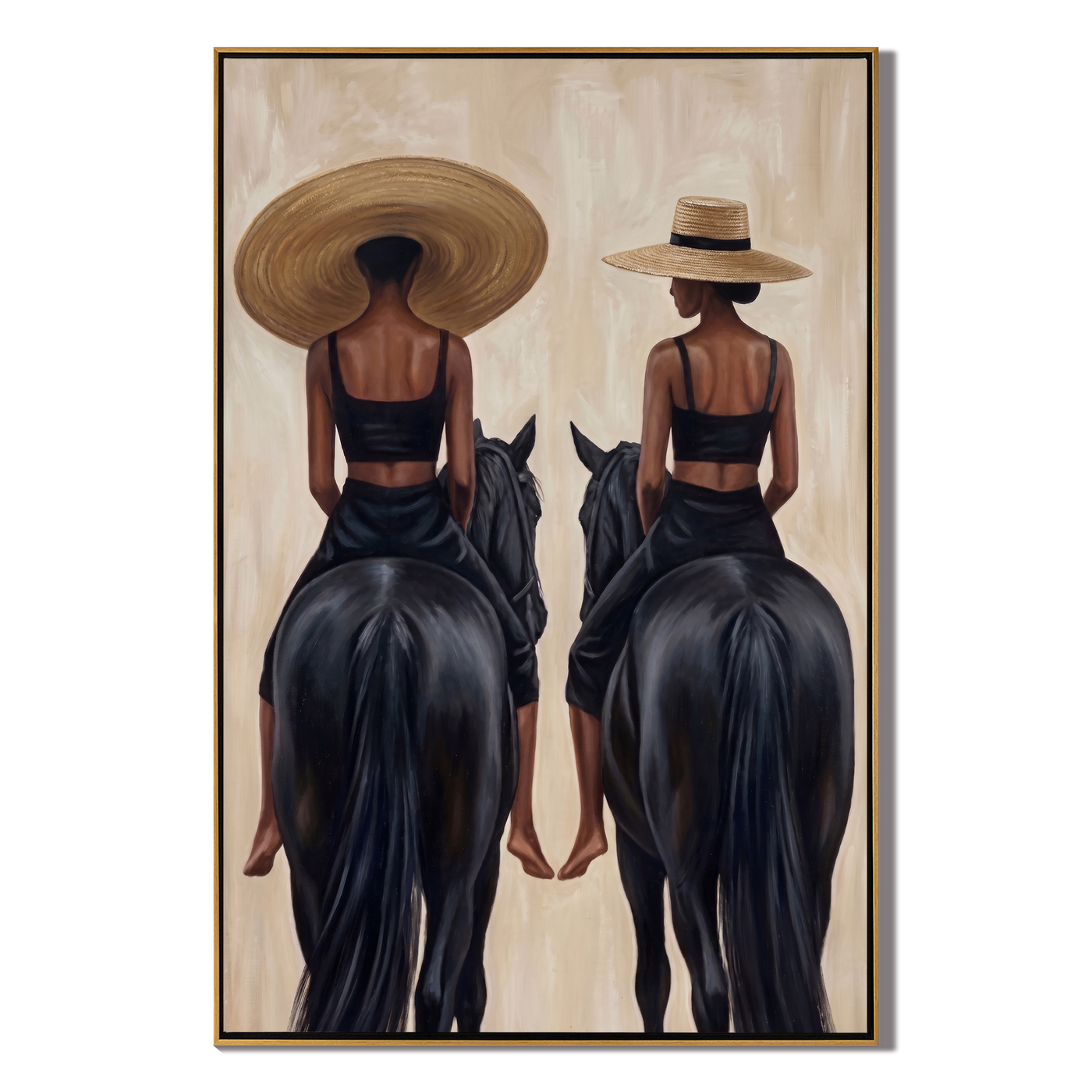 Twin Riders Face Away — Twin Black Horsewomen Painting | Retro Modern Vertical Wall Art – black and brown and gray retro modern fashion art, vertical hand-painted canvas art – view 1