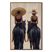 Twin Riders Face Away — Twin Black Horsewomen Painting | Retro Modern Vertical Wall Art – black and brown and gray retro modern fashion art, vertical hand-painted canvas art – view 1