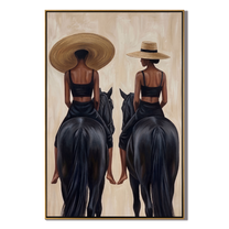 Twin Riders Face Away — Twin Black Horsewomen Painting | Retro Modern Vertical Wall Art – black and brown and gray retro modern fashion art, vertical hand-painted canvas art – view 1
