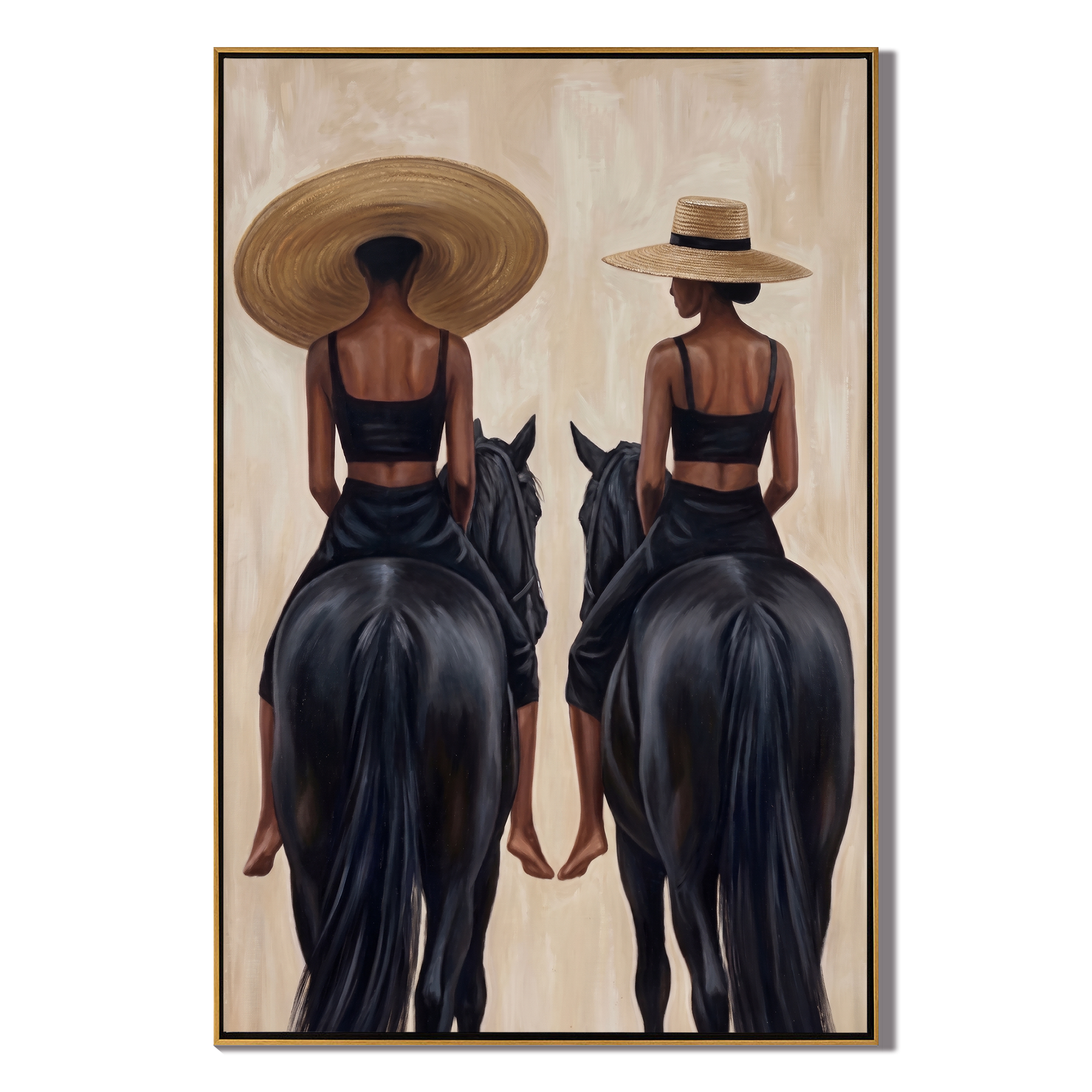 Twin Riders Face Away — Twin Black Horsewomen Painting | Retro Modern Vertical Wall Art – black and brown and gray retro modern fashion art, vertical hand-painted canvas art – view 1
