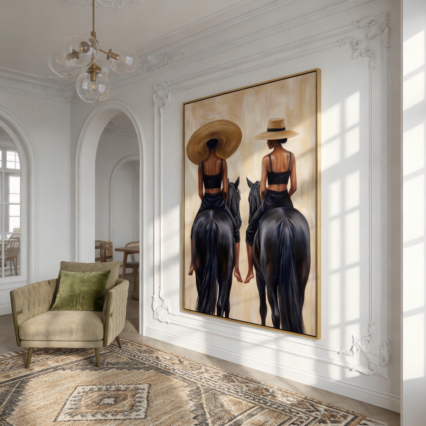 Twin Riders Face Away — Twin Black Horsewomen Painting | Retro Modern Vertical Wall Art – black and brown and gray retro modern fashion art, vertical hand-painted canvas art – view 2