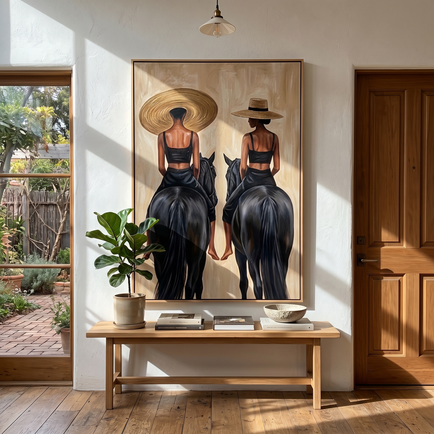 Twin Riders Face Away — Twin Black Horsewomen Painting | Retro Modern Vertical Wall Art – black and brown and gray retro modern fashion art, vertical hand-painted canvas art – view 3