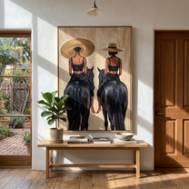 Twin Riders Face Away — Twin Black Horsewomen Painting | Retro Modern Vertical Wall Art – black and brown and gray retro modern fashion art, vertical hand-painted canvas art – view 3