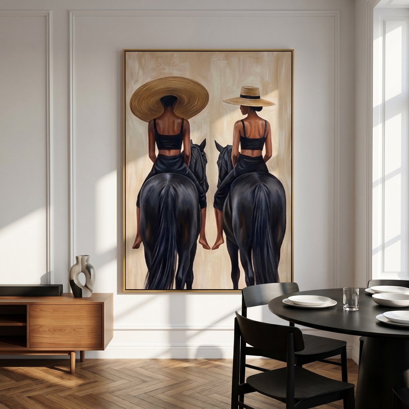 Twin Riders Face Away — Twin Black Horsewomen Painting | Retro Modern Vertical Wall Art – black and brown and gray retro modern fashion art, vertical hand-painted canvas art – view 4