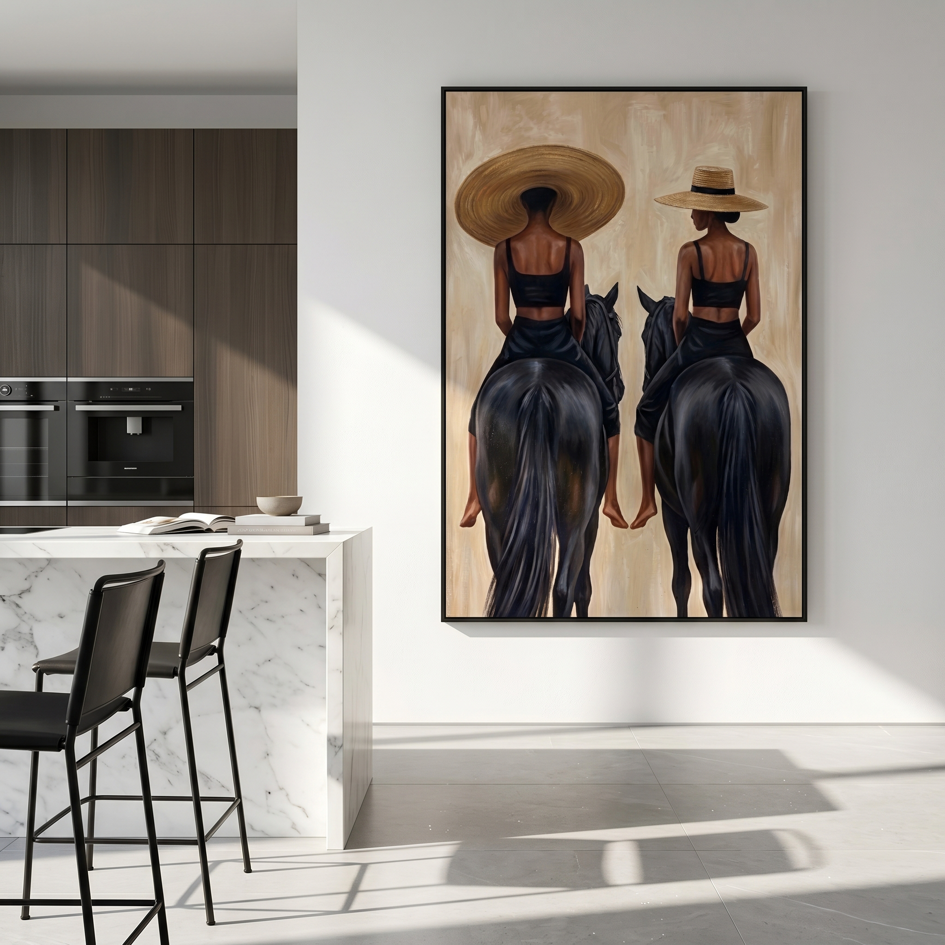 Twin Riders Face Away — Twin Black Horsewomen Painting | Retro Modern Vertical Wall Art – black and brown and gray retro modern fashion art, vertical hand-painted canvas art – view 5