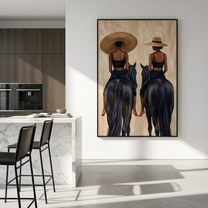 Twin Riders Face Away — Twin Black Horsewomen Painting | Retro Modern Vertical Wall Art – black and brown and gray retro modern fashion art, vertical hand-painted canvas art – view 5