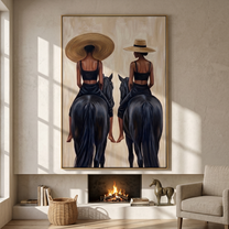 Twin Riders Face Away — Twin Black Horsewomen Painting | Retro Modern Vertical Wall Art – black and brown and gray retro modern fashion art, vertical hand-painted canvas art – view 6