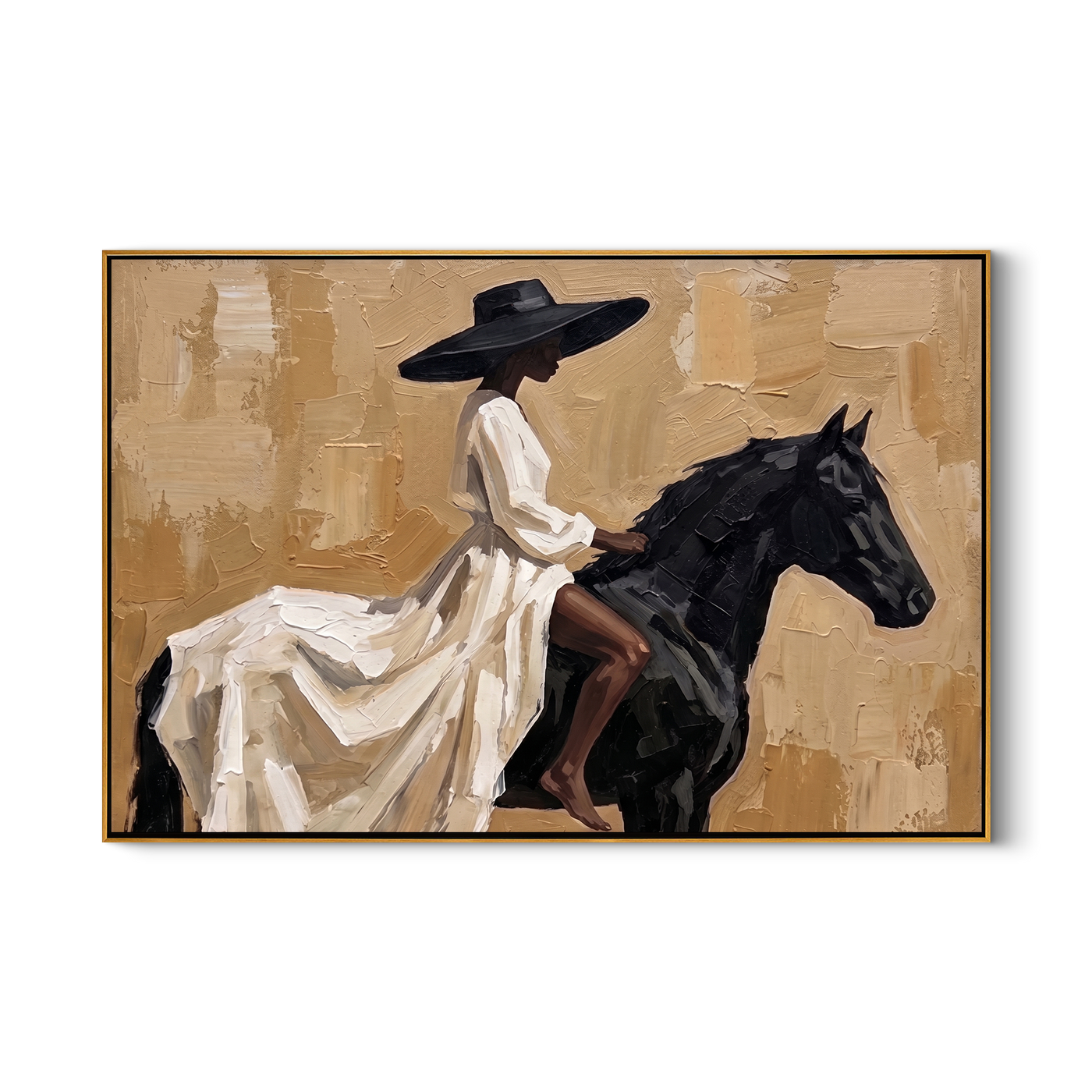 White Dress Rides Gold — White Dress Horsewoman Painting | Retro Modern Horizontal Wall Art – brown and gold and black retro modern fashion art, horizontal hand-painted canvas art – view 1