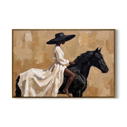 White Dress Rides Gold — White Dress Horsewoman Painting | Retro Modern Horizontal Wall Art – brown and gold and black retro modern fashion art, horizontal hand-painted canvas art – view 1