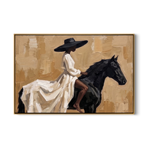 White Dress Rides Gold — White Dress Horsewoman Painting | Retro Modern Horizontal Wall Art – brown and gold and black retro modern fashion art, horizontal hand-painted canvas art – view 1