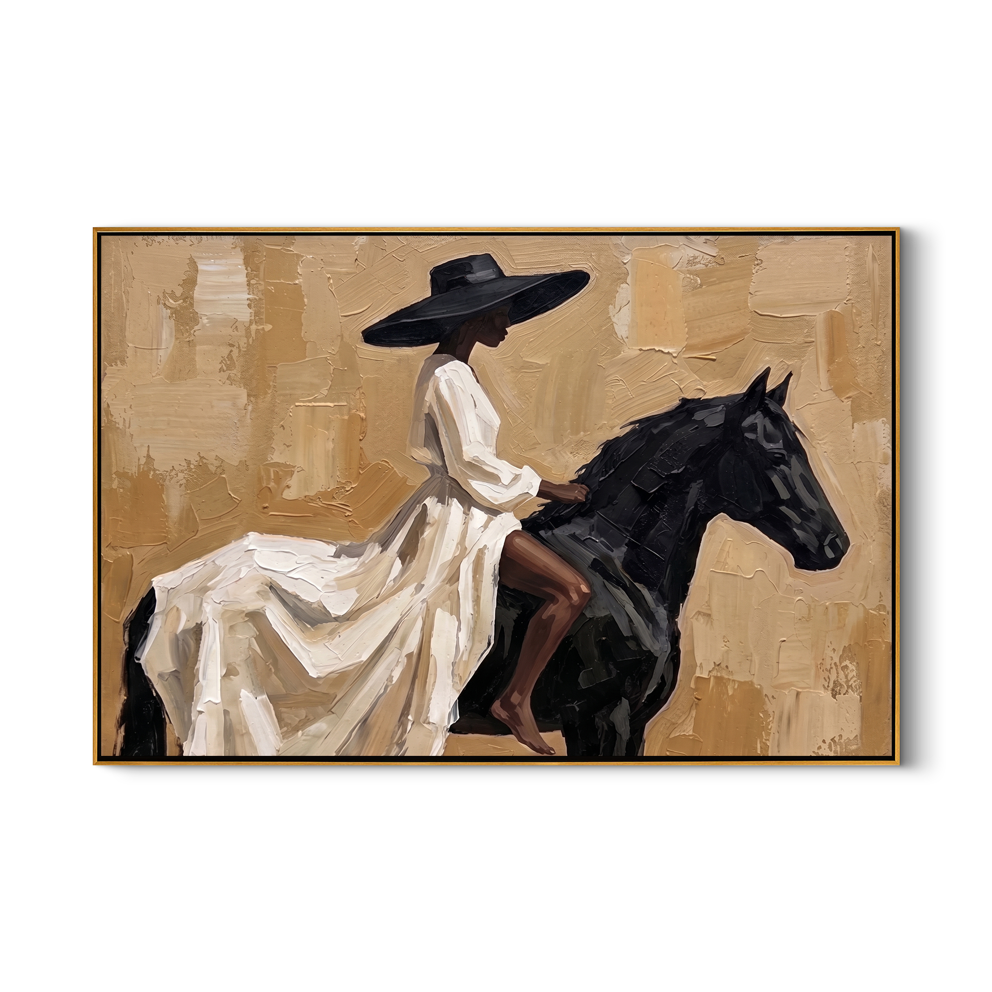 White Dress Rides Gold — White Dress Horsewoman Painting | Retro Modern Horizontal Wall Art – brown and gold and black retro modern fashion art, horizontal hand-painted canvas art – view 1
