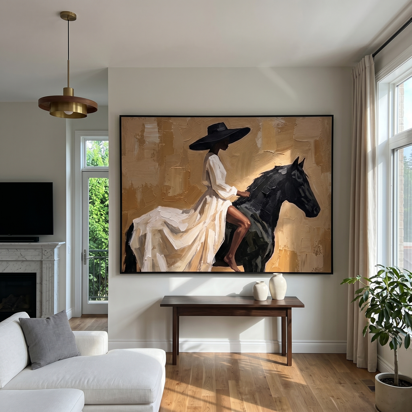 White Dress Rides Gold — White Dress Horsewoman Painting | Retro Modern Horizontal Wall Art – brown and gold and black retro modern fashion art, horizontal hand-painted canvas art – view 2