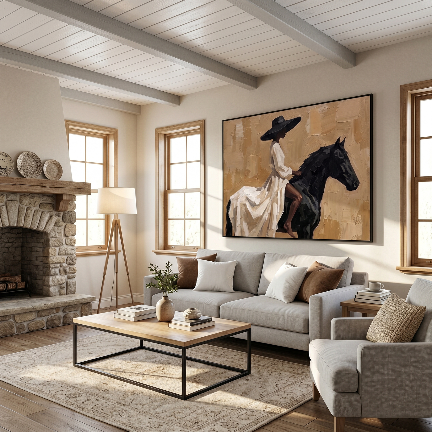 White Dress Rides Gold — White Dress Horsewoman Painting | Retro Modern Horizontal Wall Art – brown and gold and black retro modern fashion art, horizontal hand-painted canvas art – view 3