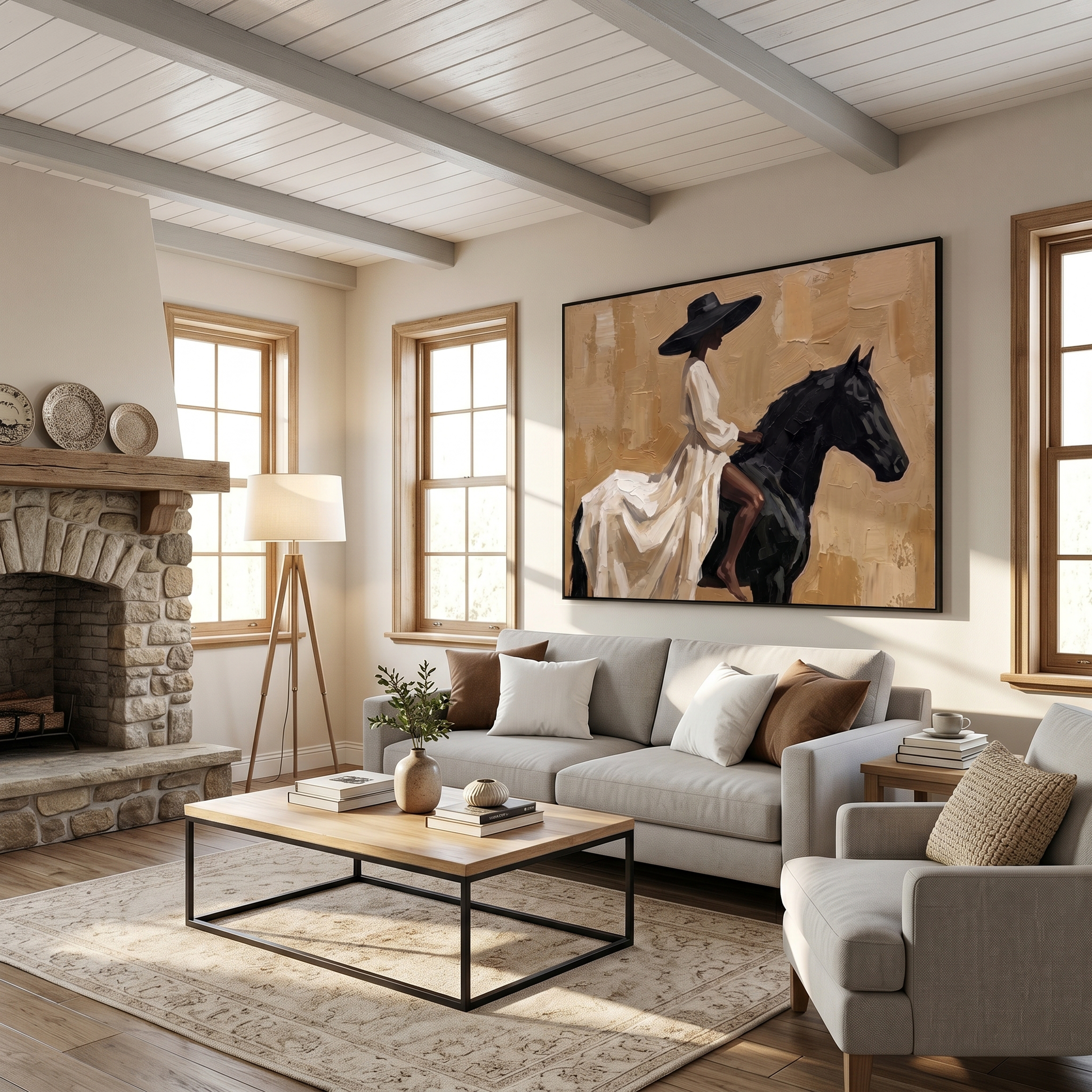 White Dress Rides Gold — White Dress Horsewoman Painting | Retro Modern Horizontal Wall Art – brown and gold and black retro modern fashion art, horizontal hand-painted canvas art – view 3