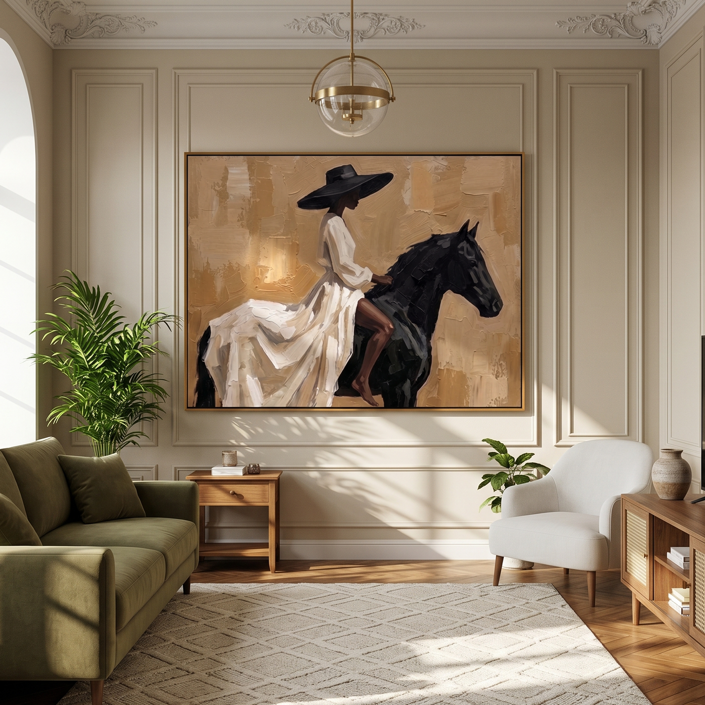 White Dress Rides Gold — White Dress Horsewoman Painting | Retro Modern Horizontal Wall Art – brown and gold and black retro modern fashion art, horizontal hand-painted canvas art – view 4