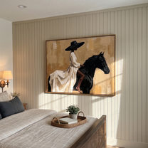 White Dress Rides Gold — White Dress Horsewoman Painting | Retro Modern Horizontal Wall Art – brown and gold and black retro modern fashion art, horizontal hand-painted canvas art – view 5