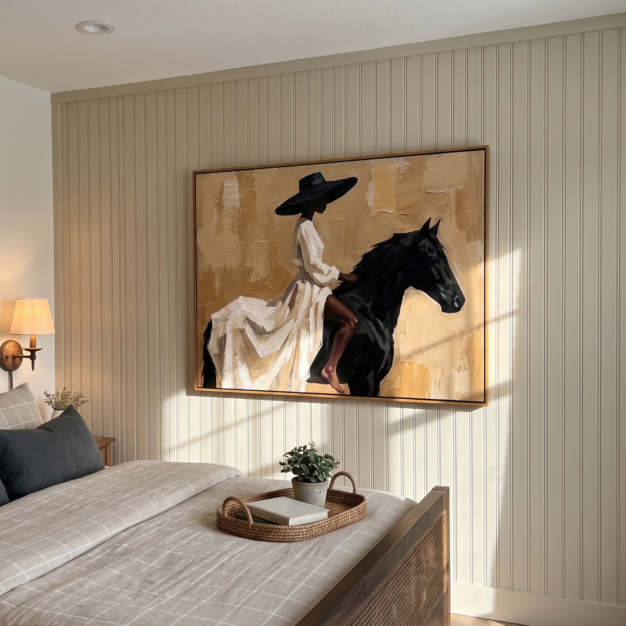 White Dress Rides Gold — White Dress Horsewoman Painting | Retro Modern Horizontal Wall Art – brown and gold and black retro modern fashion art, horizontal hand-painted canvas art – view 5