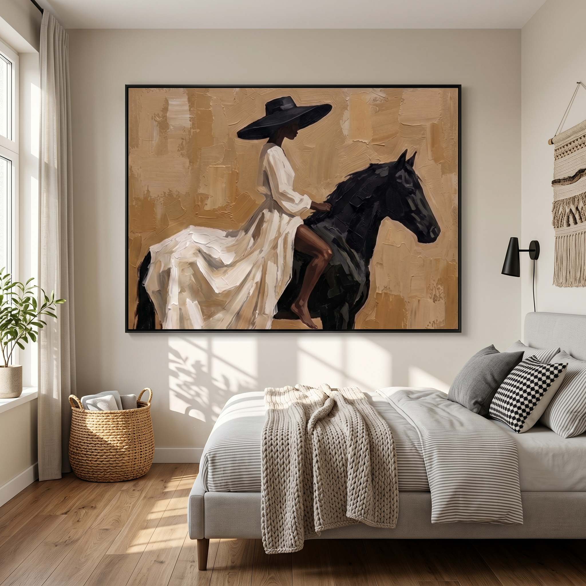 White Dress Rides Gold — White Dress Horsewoman Painting | Retro Modern Horizontal Wall Art – brown and gold and black retro modern fashion art, horizontal hand-painted canvas art – view 6