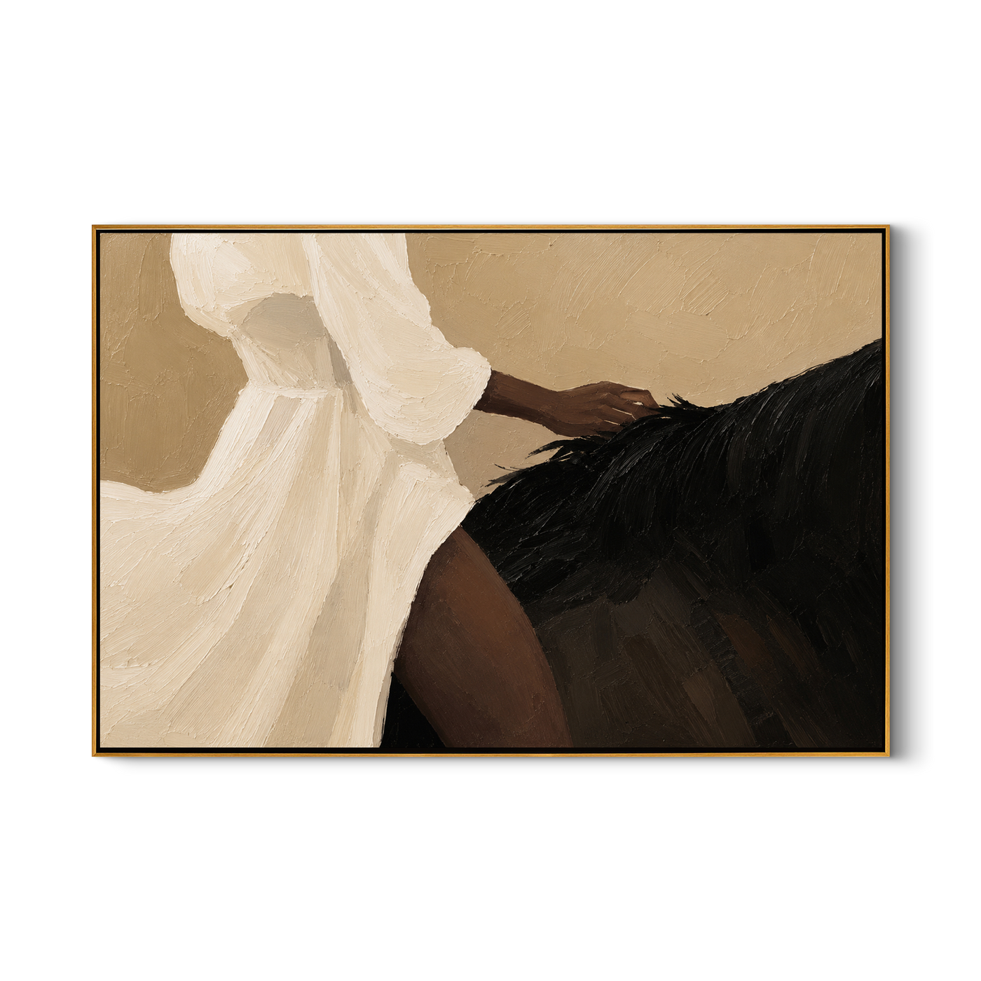A Hand Knows Midnight — Woman and Black Horse Detail Painting | Retro Modern Horizontal Wall Art – brown and black and gold retro modern fashion art, horizontal hand-painted canvas art – view 1